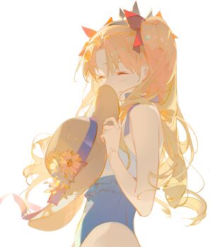 Rule 34 | 1girl, ask (askzy), bare shoulders, blonde hair, blue one-piece swimsuit, blush, closed eyes, closed mouth, cowboy shot, ereshkigal (fate), fate/grand order, fate (series), flower, frilled one-piece swimsuit, frills, hair ribbon, hat, hat flower, hat ribbon, holding, holding unworn clothes, holding unworn hat, long hair, one-piece swimsuit, parted bangs, ribbon, simple background, smile, solo, ereshkigal (swimsuit beast) (fate), straw hat, swimsuit, two-tone one-piece swimsuit, two-tone swimsuit, two side up, unworn hat, unworn headwear, white background, white one-piece swimsuit