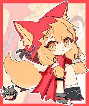 1boy 1girl animal_ears arknights arknights:_endfield blonde_hair cape chibi commentary gloves hood hooded_cape low_twintails omitoon open_mouth orange_eyes red_cape rossi_(arknights) tail twintails wolf_ears wolf_girl wulfgard_(arknights)