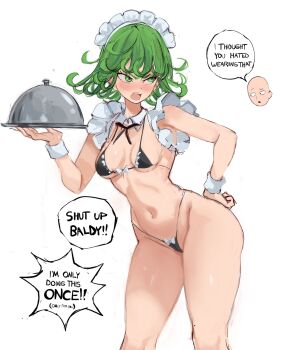 Rule 34 | 1boy, 1girl, bald, bikini, black bikini, blush, breasts, cameltoe, commentary, contrapposto, curly hair, english commentary, english text, frilled bikini, frills, green eyes, green hair, groin, hand on own hip, hand up, highleg, highleg bikini, highres, holding, holding tray, looking to the side, maid headdress, medium hair, micro bikini, navel, one-punch man, open mouth, rakeemspoon, saitama (one-punch man), simple background, sketch, small breasts, swimsuit, tatsumaki, teeth, thighs, tray, underboob, upper teeth only, v-shaped eyebrows, white background, wrist cuffs