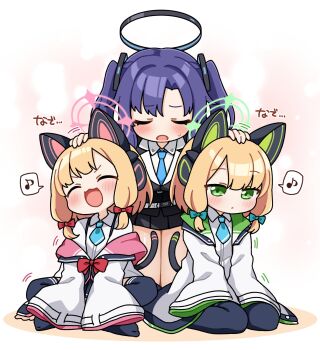 Rule 34 | 3girls, animal ear headphones, animal ears, aqua bow, black halo, black skirt, black thighhighs, blonde hair, blue archive, blue necktie, blunt bangs, blush, bow, cat ear headphones, cat ears, cat tail, closed eyes, closed mouth, collared shirt, commentary request, facing viewer, fake animal ears, fake tail, frown, full body, furrowed brow, green eyes, green halo, hair ornament, halo, happy, headpat, headphones, highres, indian style, jacket, jacket partially removed, long hair, looking down, mechanical halo, medium hair, midori (blue archive), miniskirt, momoi (blue archive), motion lines, multiple girls, musical note, necktie, open clothes, open jacket, open mouth, pink halo, pleated skirt, purple hair, red bow, school uniform, shirt, short necktie, siblings, sidelocks, simple background, sisters, sitting, skirt, sleeves past fingers, sleeves past wrists, sound effects, speech bubble, spoken musical note, standing, suwa yasai, sweatdrop, tail, tail raised, thighhighs, triangle hair ornament, twins, two side up, v-shaped eyebrows, white background, white jacket, white shirt, wide sleeves, yuuka (blue archive)