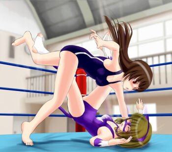 Rule 34 | #13, 2girls, animal ears, arena, ayano (#13), bare legs, barefoot, blush, brown hair, cat ears, cat tail, domination, feet, multiple girls, red eyes, sumire (#13), tail, tears, toeless legwear, toes, wrestling, wrestling ring, yuri
