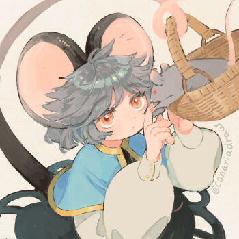 1girl absurdres animal_ears basket blue_capelet buttons canariadraw capelet dress from_above grey_background grey_dress grey_hair highres holding holding_basket holding_with_tail long_sleeves mouse_(animal) mouse_ears mouse_tail nazrin playing prehensile_tail puffy_sleeves red_eyes simple_background solo tail touhou upper_body