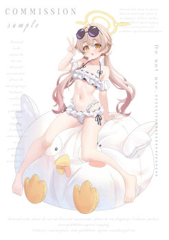 1girl absurdres baixiaojie bikini blue_archive brown_eyes brown_hair commentary commission english_text eyewear_on_head frilled_bikini frills halo hifumi_(blue_archive) hifumi_(swimsuit)_(blue_archive) highres long_hair low_twintails official_alternate_costume oversized_object peroro_(blue_archive) ribbon-trimmed_bikini ribbon_trim ruffle_bikini side-tie_bikini_bottom sitting solo stuffed_animal stuffed_bird stuffed_toy sunglasses swimsuit twintails v white_bikini winged_halo yellow_halo