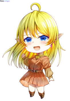 Rule 34 | absurdres, belt, blonde hair, blue eyes, chibi, commission, commissioner upload, dress, elf, flat chest, highres, jewelry, long hair, lori hagami, lotte farona, necklace, official art, orange dress, orange shirt, orange skirt, pointy ears, shirt, skirt, ways of darkness (series)