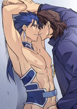 2boys blue_hair brown_eyes brown_hair cu_chulainn_(fate) domination fate/stay_night fate_(series) handjob held_down jewelry kon_manatsu kotomine_kirei long_hair male_pubic_hair master molestation multiple_boys necklace ponytail pubic_hair red_eyes restrained sexy44 yaoi