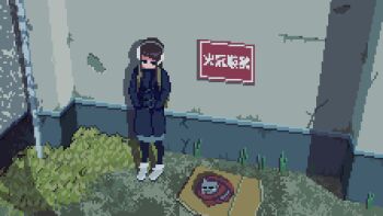 1girl animal animated animated_gif black_hair blue_coat breath cat coat earmuffs falling_leaves hands_in_pockets industrial_pipe kuuchuu_roukaku leaf looping_animation original outdoors pixel_art shoes skirt sleeping_animal solo standing toggles white_shoes