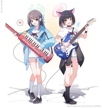 2girls absurdres airi_(band)_(blue_archive) airi_(blue_archive) animal_ears bass_guitar belt black_hair blue_archive blue_jacket brown_hair cat_ears clothes_around_waist colored_inner_animal_ears colored_inner_hair commentary_request extra_ears fender_jazz_bass full_body green_eyes green_halo halo highres holding holding_bass_guitar holding_instrument instrument jacket jacket_around_waist kazusa_(band)_(blue_archive) kazusa_(blue_archive) keyboard_(instrument) logo_print long_hair looking_at_viewer mask_pull medium_hair multicolored_hair multiple_girls murasame_(sword_of_nmkr) official_alternate_costume pink_hair pink_halo print_shirt red_eyes shirt skirt thigh_belt thigh_strap two-tone_hair white_background white_shirt white_skirt