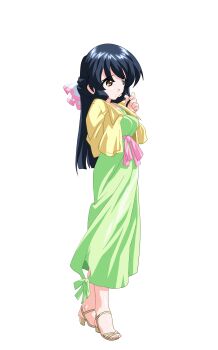 1girl absurdres anime_coloring arm_behind_back black_hair breasts closed_mouth cropped_jacket dress full_body game_asset green_dress hair_ribbon half_updo hand_in_own_hair highres hiiragi_mako jacket large_variant_set layered_clothes long_dress long_hair long_sleeves mahotama maki_daikichi medium_breasts official_art orange_eyes pink_sash raised_inner_eyebrows ribbon sandals sash simple_background solo standing tachi-e tareme third-party_source transparent_background variant_set visual_novel_cg yellow_jacket