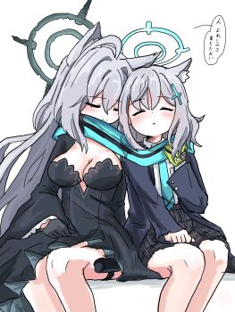2girls ahoge animal_ear_fluff animal_ears aqua_scarf black_choker black_dress black_halo blue_archive blue_halo blue_scarf blush breasts broken_halo choker cleavage closed_eyes closed_mouth cross cross_hair_ornament dark_halo dress extra_ears gloves green_gloves grey_hair hair_between_eyes hair_ornament halo highres inverted_cross large_breasts light_smile long_hair medium_hair multiple_girls scarf shared_clothes shared_scarf shiroko_(blue_archive) shiroko_terror_(blue_archive) simple_background tachikaze_miyako wolf_ears wolf_girl