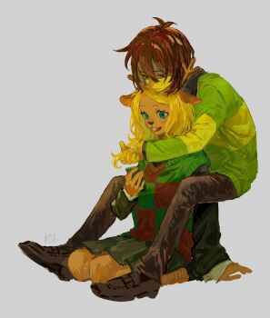 1girl 1other animal_ears antlers black_shirt black_shoes black_skirt blonde_hair blue_eyes brown_hair checkered_sweater_vest colored_skin commentary deer_antlers deer_ears deer_girl deltarune furry furry_female green_sweater green_sweater_vest horns kris_(deltarune) loafers long_hair nekoneko_(nekonoko_kinoko) noelle_holiday pants red_eyes shirt shoes short_hair single_horizontal_stripe sitting skirt striped_clothes striped_sweater sweater sweater_vest utdr_(toby_fox) yellow_skin