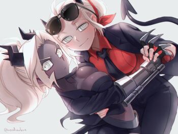 2girls absurdres bad_source black_horns black_necktie black_panties black_skin breasts cleavage colored_skin demon_girl demon_horns demon_tail eyewear_on_head grey_background helltaker highres holding_hands horns interlocked_fingers judgement_(helltaker) justice_(helltaker) large_breasts looking_at_viewer multiple_girls necktie noah_(tettsui-sole) panties red_shirt shirt short_hair simple_background smile sunglasses tail twitter_username underwear white_eyes white_hair