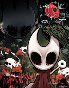 Rule 34 | 1girl, ant, arrow (symbol), arthropod girl, artist name, bug, forest, geometry, helmet, highres, hollow knight, hollow knight: silksong, hornet (hollow knight), insect, looking at viewer, math, miyan (oceanmaiden), nature, needle (hollow knight), needle sword, the two-thousand yard stare, thorns, thousand yard stare