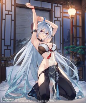 1girl absurdres armlet arms_up artist_name baek_hyang bare_shoulders bead_bracelet beads black_bra black_hairband black_pants bonsai bra bracelet breasts character_request cleavage clothing_cutout copyright_notice earrings evertale gradient_hair grey_hair hair_spread_out hairband highres indoors jewelry kneeling long_hair looking_at_viewer medium_breasts multicolored_bra multicolored_hair official_art on_bed pants parted_lips pillow purple_eyes solo two-tone_bra underwear very_long_hair white_bra window