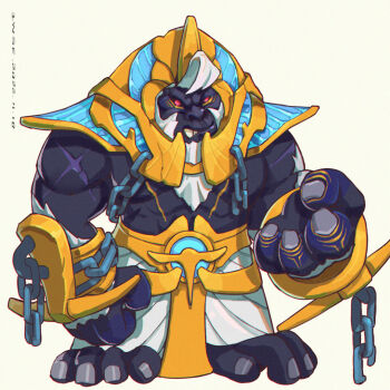 1boy ancient_egyptian_clothes animal_feet artist_name barefoot beard black_fur black_sclera body_fur broken broken_chain chain chromatic_aberration clenched_teeth colored_sclera cross_scar cuffs dated facial_hair fewer_digits full_beard furrowed_brow furry furry_male gold_trim hand_up headpiece iwse_zhang looking_at_viewer male_focus monkey_boy muscular muscular_male original pectorals pharaoh red_eyes redrawn scar scar_on_arm shackles short_hair simple_background solo teeth watermark white_background white_hair