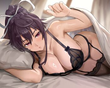 1girl absurdres backlighting bed_invitation black_bra black_garter_belt black_hair black_panties black_thighhighs blurry blurry_background bra breasts cleavage closed_mouth commission commissioner_upload garter_belt hair_between_eyes hair_ribbon head_on_pillow highres indoors kanzaki_kaori large_breasts lifting_covers light_blush lingerie long_hair looking_at_viewer lying nisakusa non-web_source on_bed on_side panties pillow ponytail pov_across_bed purple_eyes ribbon solo sweat thighhighs toaru_majutsu_no_index under_covers underwear underwear_only very_long_hair white_ribbon window