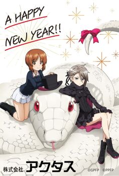 Rule 34 | 2025, 2girls, ange (princess principal), black cape, black shirt, blue eyes, braid, brown eyes, brown hair, cape, chinese zodiac, company connection, crossover, fur collar, girls und panzer, grey hair, happy new year, hat, highres, kneeling, long sleeves, looking at viewer, multiple girls, new year, nishizumi miho, official art, ooarai military uniform, princess principal, shirt, short hair, skirt, smile, snake, sparkle, top hat, underbust, white background, white skirt, white snake, year of the snake