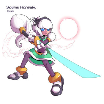 Rule 34 | 2000s (style), android, armor, blue eyes, character name, commentary, copyright name, dress, english commentary, full body, green dress, highres, karakatodzo, konpaku youmu, konpaku youmu (ghost), looking at viewer, mechanization, mega man (series), mega man zero (series), nakayama tooru (style), outstretched arm, parody, robot, simple background, standing, style parody, touhou, weapon, white background, white hair, wings