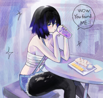 1girl bare_arms bare_shoulders black_hair black_pantyhose blue_eyes blue_shorts blush breasts closed_mouth commentary cup cutoffs disposable_cup english_text feet_out_of_frame hair_between_eyes hands_up highres holding holding_cup large_breasts looking_at_viewer original pantyhose pantyhose_under_shorts purple_hair sarashi short_shorts shorts sitting solo suou-sensei suspender_shorts suspenders suspenders_slip table