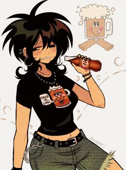 1girl absurdres alcohol beer belt black_hair black_shirt bottle chain chain_bracelet commentary drinking ear_piercing earrings highres holding holding_bottle hoop_earrings jewelry midriff navel necklace original piercing print_shirt revauri shirt short_shorts shorts solo squinting