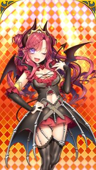 Rule 34 | 1girl, argyle background, bare shoulders, bat wings, black dress, black gloves, black sleeves, blue eyes, blush, bow, braid, breasts, brooch, chain-link fence, checkered background, checkered floor, closed mouth, cowboy shot, cross-laced clothes, demon girl, demon horns, demon tail, demon wings, detached sleeves, dress, earrings, elbow gloves, fence, fishnets, frilled dress, frills, garter straps, giuniu, gloves, hair between eyes, hair ornament, halloween, hand on own hip, hand up, head tilt, heart, hexagon, high collar, honeycomb (pattern), honeycomb background, horns, jewelry, lace, large breasts, layered dress, long hair, long sleeves, looking at viewer, lucian luce, medium breasts, nail polish, neck ribbon, orange background, outline, patterned background, pink hair, plaid background, pointy ears, puffy sleeves, purple eyes, red dress, red hair, red ribbon, ribbon, short dress, sidelocks, skirt, sleeveless, sleeveless dress, smile, solo, stained glass, standing, striped clothes, striped dress, tail, thighhighs, tile floor, tile wall, tiles, turtleneck, two side up, uchi no hime-sama ga ichiban kawaii, underbust, vertical-striped clothes, vertical-striped dress, very long hair, virtual youtuber, wavy hair, wings, zettai ryouiki