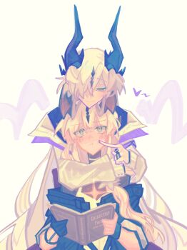 2girls :t arcdropped arknights black_gloves blonde_hair book cheek_poking commentary commission dragon_girl dragon_horns dress english_commentary flower gloves green_eyes hair_flower hair_ornament hair_over_one_eye head_rest heart highres horns hug hug_from_behind incest jacket long_hair looking_at_another looking_down multiple_girls necrass_(arknights) off_shoulder official_alternate_costume one_eye_covered open_book poking reed_(arknights) reed_the_flame_shadow_(arknights) second-party_source siblings simple_background single_glove sisters smile straight-on upper_body very_long_hair white_background white_dress white_flower white_jacket yuri