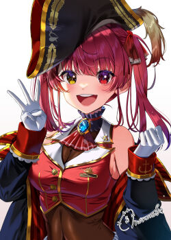 1girl :d arrow_through_heart ascot bicorne black_coat black_hat blue_gem blush breasts brooch buttons clenched_hand coat commentary_request cropped_jacket finger_counting frilled_shirt_collar frills gem gloves gold_buttons gold_trim hair_ribbon hat heterochromia highres hololive houshou_marine houshou_marine_(1st_costume) jacket jewelry lapel_pin lapels leotard leotard_under_clothes looking_at_viewer medium_breasts momone_cco no_eyepatch notched_lapels off_shoulder open_mouth origami pirate_hat red_ascot red_eyes red_hair red_jacket red_ribbon ribbon see-through_cleavage see-through_clothes see-through_leotard see-through_midriff signature simple_background sleeveless sleeveless_jacket smile solo twintails virtual_youtuber w_arms white_background white_gloves yellow_eyes