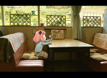 1girl anya_(spy_x_family) brown_shoes child clothing_cutout endou_tatsuya fork full_body hairpods highres holding holding_fork holding_spoon letterboxed photo_background pink_hair plaid_clothes plaid_skirt restaurant shoes shoulder_cutout sitting skirt solo spoon spy_x_family table