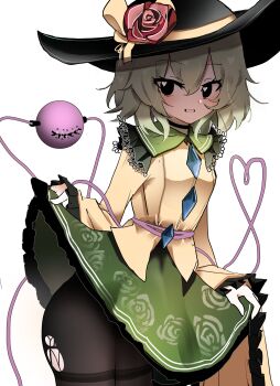 1girl absurdres black_eyes black_pantyhose blush clothes_lift commentary green_eyes green_skirt hat heart heart_in_eye highres komeiji_koishi long_sleeves medium_hair ougiikun pantyhose parted_lips shirt skirt skirt_lift smile solo symbol_in_eye teeth thighs third_eye torn_clothes torn_pantyhose touhou yellow_shirt