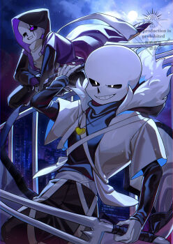 2boys :d alternate_universe arm_at_side arm_up backlighting black_gloves black_hood black_pants black_sclera black_sleeves black_sweater blue_sky chromatic_aberration colored_sclera commentary_request cowboy_shot dual_persona epictale fingerless_gloves full_body full_moon fur-trimmed_jacket fur_trim gloves glowing glowing_eyes gold_necklace grin heart heart_necklace highres holding holding_knife holding_weapon hood hood_down hood_up hooded_jacket jacket jewelry knife layered_sleeves light_particles long_sleeves looking_ahead male_focus moon moonlight multiple_boys necklace night on_railing open_clothes open_jacket open_mouth outdoors pants puffy_long_sleeves puffy_sleeves purple_eyes purple_jacket r_5140 raglan_sleeves railing sans_(undertale) scar scar_across_eye scar_on_face short-sleeved_jacket short_over_long_sleeves short_sleeves skeleton sky smile squatting sweater turtleneck turtleneck_sweater twitter_username undertale uneven_eyes utdr_(toby_fox) watermark weapon white_eyes white_jacket white_sweater wind xtale