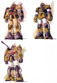 1970s_(style) 1980s_(style) absurdres alternate_form arm_cannon beam_cannon cable cannon concept_art evolution gundam highres machinery magazine_scan marker_(medium) mecha mecha_focus mobile_suit mobile_suit_gundam multiple_views no_humans official_art oldschool one-eyed ookawara_kunio painting_(medium) production_art prototype_design radio_antenna retro_artstyle robot scan science_fiction shield shoulder_cannon shoulder_spikes sketch spikes traditional_media watercolor_(medium) weapon white_background zaku_cannon zaku_ii zeon