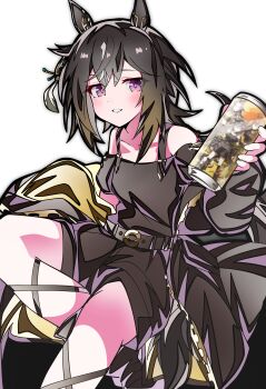 absurdres animal_ears bare_shoulders black_hair black_jacket black_shirt blush breasts brown_hair can collarbone commentary_request drink_can ear_covers fenomeno_(gold-triumph)_(umamusume) fenomeno_(umamusume) hair_between_eyes highres holding holding_can horse_ears horse_girl jacket kikkasoon long_hair looking_at_viewer multicolored_hair nakayama_festa_(gold-triumph)_(umamusume) nakayama_festa_(umamusume) official_alternate_costume open_clothes open_jacket open_mouth purple_eyes shirt shorts small_breasts smile stay_gold_(gold-triumph)_(umamusume) stay_gold_(umamusume) streaked_hair umamusume white_hair
