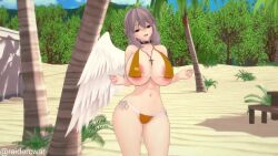 1girl 3d animated beach bench bikini bouncing_breasts braid breasts building cleavage cloud cross cross_necklace dancing day double_v feathered_wings grey_hair hair_between_eyes half_up_braid huge_breasts jewelry kishin_sagume koikatsu_(medium) large_areolae looking_at_viewer mountain navel necklace outdoors purple_eyes raidercwar sand short_hair single_wing sky solo standing string_bikini swimsuit thick_thighs thighs touhou tree twitter_uniform uncensored v video white_wings wide_hips wings yellow_bikini