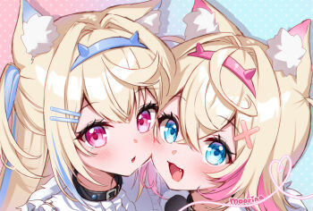 2girls animal_ear_fluff animal_ears black_choker blonde_hair blue_eyes blue_hair blush cheek-to-cheek choker dog_ears dog_girl fake_horns frilled_shirt_collar frills fuwawa_abyssgard fuwawa_abyssgard_(1st_costume) hair_between_eyes hair_ornament hairband heads_together hololive hololive_english horn_hairband horns long_hair looking_at_viewer mococo_abyssgard mococo_abyssgard_(1st_costume) moorina multicolored_hair multiple_girls open_mouth pink_eyes pink_hair siblings sisters smile twins x_hair_ornament