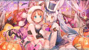 +_+ 2girls animal_ear_hood animal_ears assault_lily bandeau bare_shoulders belt_buckle belt_collar black_bandeau black_boots black_gloves black_hat black_shorts black_skirt black_vest blue_eyes blush boots bow brown_hair buckle candy candy_cane closed_mouth collar commentary_request copyright_notice couch cowboy_shot crop_top curtains detached_hood detached_sleeves eating fake_animal_ears food food_bite food_on_face footwear_bow fur-trimmed_hood fur-trimmed_sleeves fur_boots fur_skirt fur_trim futagawa_fumi gloves grey_hair hair_bow halloween halloween_costume hand_to_own_mouth hand_up hands_up hat hat_with_ears holding holding_candy holding_food holding_lollipop hood indoors jack-o&#039;-lantern jewelry knee_boots leg_ribbon lollipop long_hair looking_at_food midriff miniskirt miriam_hildegard_von_gropius multiple_girls navel official_alternate_costume official_art on_couch orange_eyes pillow pink_bow pink_collar pink_ribbon rabbit_ears ribbon ring sharing_food shirt short_sleeves shorts side-by-side sitting skirt smile sparkle star-shaped_pillow star_(symbol) stomach thigh_ribbon thighhighs top_hat twintails very_long_hair vest white_bow white_shirt white_thighhighs window yellow_bow