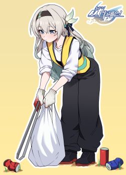 0haribo0 1girl absurdres bag bent_over black_footwear black_pants border closed_mouth commentary_request firefly_(honkai:_star_rail) full_body gradient_eyes grass grey_hair hair_between_eyes highres holding holding_bag holding_tongs honkai:_star_rail honkai_(series) long_hair multicolored_eyes pants picking_up shirt simple_background sleeves_rolled_up solo standing tongs trash_bag white_shirt work_gloves
