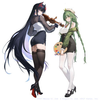 2girls absurdres azur_lane bare_shoulders black_garter_straps black_hair black_shoes black_skirt black_thighhighs braid closed_mouth commentary from_behind garter_straps green_hair high_heels highres holding holding_instrument holding_paintbrush holding_violin instrument kikimi long_hair long_sleeves looking_at_viewer low_twin_braids multiple_girls off_shoulder official_art paintbrush pantyhose raffaello_(azur_lane) shoes simple_background skirt smile solo standing strasbourg_(azur_lane) symbol-shaped_pupils thighhighs twin_braids very_long_hair violin white_background white_pantyhose