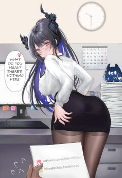 1boy 1girl anger_vein angry ass asymmetrical_horns black_hair black_skirt blue_hair breasts calendar_(object) clock computer computer_keyboard demon_horns desk english_text glasses high_ponytail highres hiroshi_shin hololive hololive_english horns jailbird_(nerissa_ravencroft) large_breasts long_hair miniskirt mole mole_under_eye monitor multicolored_hair nerissa_ravencroft nerissa_ravencroft_(casual) office office_lady paid_reward_available pantyhose paper_stack pencil_skirt ponytail red_eyes shirt skirt speech_bubble spoken_anger_vein sticky_note stuffed_toy two-tone_hair uneven_horns v-shaped_eyebrows variant_set very_long_hair virtual_youtuber white_shirt