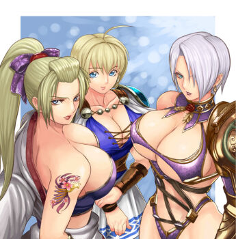 3girls ahoge armor bad_id bad_pixiv_id blonde_hair blue_eyes breasts bustier cleavage earrings front-tie_top gauntlets hair_over_one_eye huge_breasts ibanen isabella_valentine jewelry lace_up_front laceups large_breasts leather leotard lingerie long_hair multiple_girls namco ponytail revealing_clothes setsuka short_hair sideboob sophitia_alexandra soul_calibur soulcalibur soulcalibur_ii soulcalibur_iv tattoo underboob underwear white_hair