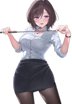 1girl :d black_pantyhose black_skirt blush breasts brown_hair collared_shirt cowboy_shot gakuen_idolmaster highres holding idolmaster jewelry large_breasts looking_at_viewer necklace neo_asari open_mouth pantyhose purple_eyes shirt shirt_tucked_in shougun_(chuckni1) simple_background skirt smile solo white_background white_shirt