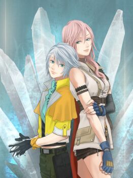 1boy 1girl 826hopelight armlet ascot back-to-back couple crystal final_fantasy final_fantasy_xiii fingerless_gloves gloves grey_hair hetero holding_own_arm hope_estheim bad_tag jacket jewelry lightning_farron miniskirt short_hair skirt smile standing
