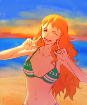 1girl absurdres bare_shoulders beach bikini bikini_top_only blurry blurry_background breasts breasts_apart brown_eyes closed_mouth collarbone commentary fingers_to_cheeks green_bikini halterneck highres horizon long_hair looking_at_viewer medium_breasts mumabirb nami_(one_piece) navel ocean one_eye_closed one_piece open_mouth orange_hair outdoors sand single_sidelock sky solo stomach swimsuit upper_body wavy_hair