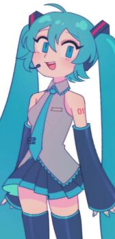 1girl :d ahoge aqua_eyes aqua_hair aqua_nails aqua_necktie arms_at_sides bare_shoulders batrobin_k black_skirt black_sleeves black_thighhighs blue_necktie blush breasts collared_shirt cowboy_shot cropped detached_sleeves grey_shirt hair_between_eyes hair_ornament hatsune_miku headset highres long_hair looking_at_viewer miniskirt necktie number_tattoo open_mouth pleated_skirt shirt simple_background skirt sleeveless sleeveless_shirt sleeves_past_wrists smile solo tattoo teeth thighhighs twintails upper_teeth_only very_long_hair vocaloid white_background zettai_ryouiki