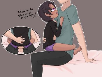 1boy 1girl absurdres age_difference arm_around_waist arm_support ass ass_cutout bandaid bandaid_on_face bandaid_on_nose barefoot bed bed_sheet black_hair black_shirt blush choker clothed_sex clothing_cutout commission cutout dark-skinned_female dark_skin english_text eyebrows feet flat_chest from_side girl_on_top half-closed_eyes hetero highres implied_sex interracial leg_lock loli long_sleeves looking_at_another looking_up mitchan open_fly open_mouth original penis profile purple_eyes sex shirt short_hair short_sleeves shorts simple_background smile soles solo_focus stealth_sex straddling teeth toes unzipped upper_teeth_only upright_straddle