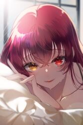 Rule 34 | 1girl, absurdres, ameno jo, backlighting, bedroom, blurry, blurry background, close-up, collarbone, commentary request, eyelashes, hair between eyes, hand on own cheek, hand on own face, head on pillow, heterochromia, highres, hololive, houshou marine, lens flare, lips, long hair, looking at viewer, loose hair strand, nude, pillow, red hair, solo, sunlight, sweat, virtual youtuber, wet, wet hair, window