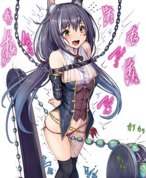 1girl animal_ear_fluff animal_ears arms_behind_back bare_shoulders bdsm bead_sex_machine black_hair black_socks bondage bound bound_arms breasts buckle cat_ears cat_girl cat_tail chain chained crotch_rub detached_sleeves egg_vibrator feet_out_of_frame female_ejaculation_through_clothes female_focus green_eyes hair_ribbon heart heart-shaped_pupils highres karyl_(princess_connect!) kneehighs long_hair long_sleeves low_twintails machine medium_breasts monikano multicolored_clothes multicolored_hair nipples open_mouth panties predicament_bondage princess_connect! purple_panties purple_ribbon pussy_juice ribbon saliva see-through_clothes sex_machine sex_toy side-tie_panties simple_background socks solo standing streaked_hair symbol-shaped_pupils tail text_focus thighhighs twintails underwear very_long_hair vibrator white_background white_hair