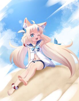 1girl :d absurdres ahoge animal_ear_fluff animal_ears arm_up artist_name barefoot beach big_hair bikini bikini_under_clothes blonde_hair blue_eyes blue_nails blue_sailor_collar blue_sky cat_ears commentary day fangs feet fins fish_girl fish_tail flat_chest frilled_sailor_collar frilled_shirt_collar frills full_body highres indie_virtual_youtuber long_hair looking_at_viewer maozi_dan nail_polish navel on_ground one_eye_closed open_mouth outdoors sailor_collar sameko_saba sameko_saba_(1st_costume) shirt short_shorts shorts sitting sky smile soles solo swimsuit symbol-only_commentary tail toenail_polish toenails toes twintails twitter_username very_long_hair virtual_youtuber white_shirt white_shorts