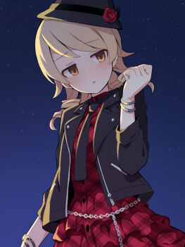 1girl black_hat black_jacket black_necktie blush brown_eyes brown_hair chain commentary_request cosplay dress flower hand_up hat hat_flower idolmaster idolmaster_cinderella_girls idolmaster_million_live! idolmaster_million_live!_theater_days in-franchise_crossover jacket layered_dress long_hair long_sleeves looking_to_the_side morikubo_nono necktie night ogami_tamaki ogami_tamaki_(cosplay) open_clothes open_jacket outdoors parted_lips plaid_clothes plaid_dress preteen_pretender_(idolmaster) red_dress red_flower red_rose revision ringlets rose sky solo tilted_headwear uccow