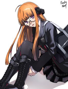 1girl absurdres black-framed_eyewear black_boots black_jacket black_thighhighs boots commentary frosty_neo1 glasses head_tilt headphones highres jacket long_hair long_sleeves official_alternate_costume orange_hair persona persona_5 persona_5_the_royal plaid_clothes plaid_skirt pleated_skirt purple_eyes sakura_futaba school_uniform shadow shuujin_academy_school_uniform signature simple_background skirt solo thighhighs tongue tongue_out white_background