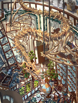 absurdly_detailed_composition book box c4_art chair commentary_request door giant_skeleton globe hammer highres indoors industrial_pipe jar ladder loaded_interior machine no_humans original paper paper_stack plant potted_plant scenery scroll shelf skeleton table wrench