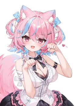 1girl absurdres animal_ear_fluff animal_ears armband bare_shoulders black_armband black_bow black_bowtie black_bra blue_bow blue_hair blush bow bowtie bra bra_peek braid breasts cleavage commentary hair_between_eyes hair_bow hands_up highres lace lace-trimmed_bra lace_trim large_breasts looking_at_viewer medium_hair multicolored_hair open_mouth original paw_pose pink_eyes pink_hair simple_background sleeveless solo tail underwear upper_body white_background yuia